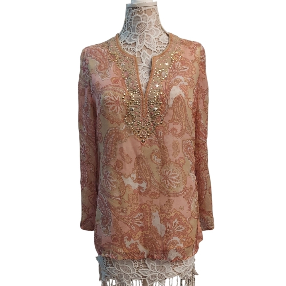 CAMILLE LA VIE Silk VNeck Long Sleeve Pullover Paisley Tunic M Breathable Light